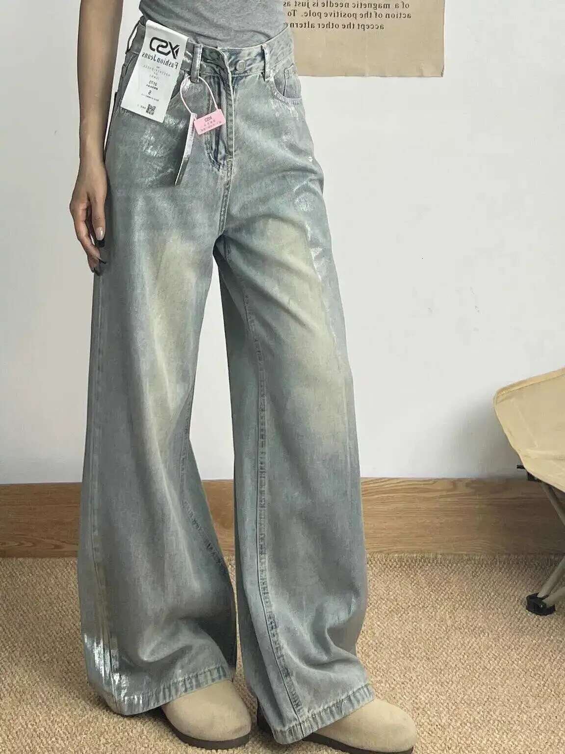 Grey Jeans Women 90S Vintage Personality High Waisted Straight Trouser Streetwear Casual Loose Girl Wide Leg Classic Denim Pants
