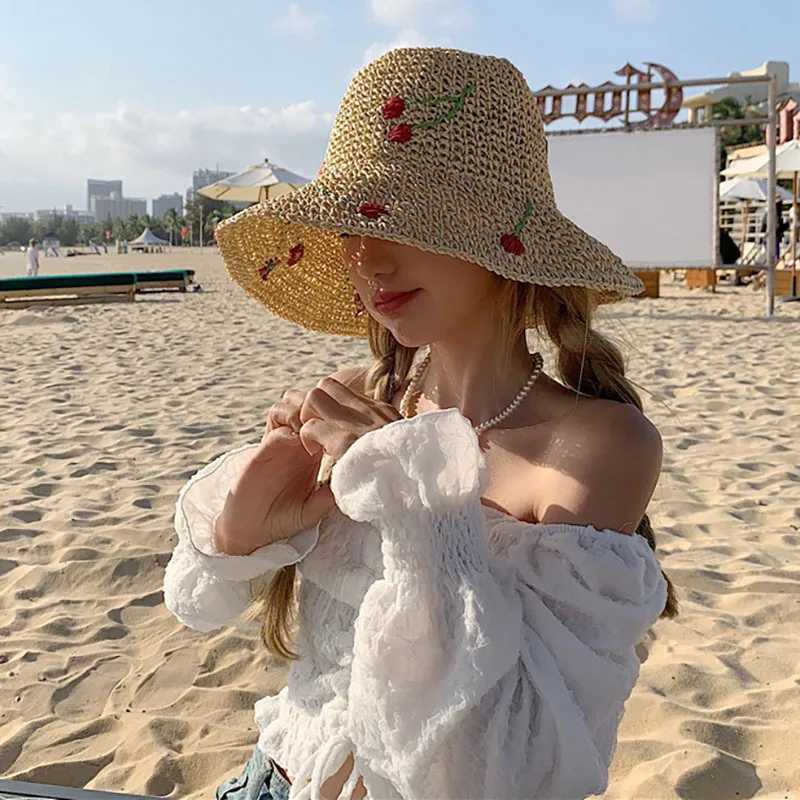 Summer Women Sun Hat Wide Brim Beach Str Hand Crochet Cherry Hat for Women Girl Outdoor Fishing Sun HatsXJ250304