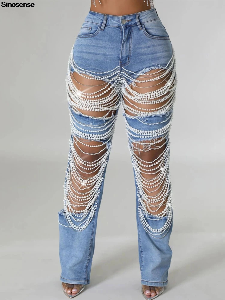 Womens Destroyed Ripped Hole Denim Pants Pearl s Chain Distressed Slim Fit Skinny Jeans Y2K Night Club Party 250227