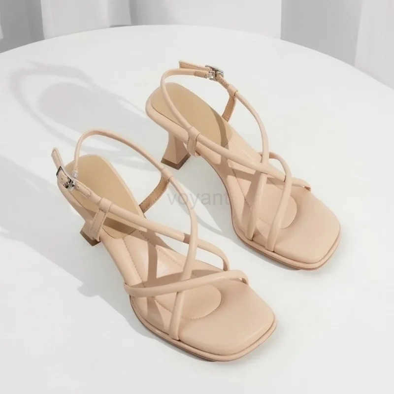 2024 Summer New Simple Square ed Slim Strap Thick Heel Sandals for Wen Straight Toe Open Toe Sandals for Wen Z250304