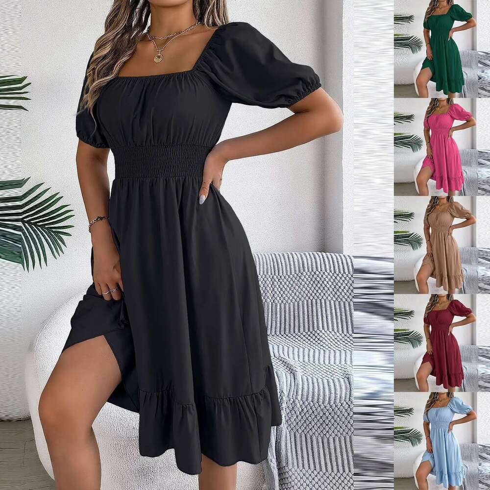 Elegant Women Spring Summer Puff Sleeve A e Vestidos Square Neck Tie Waist Ruched Casual Solid Long Dress