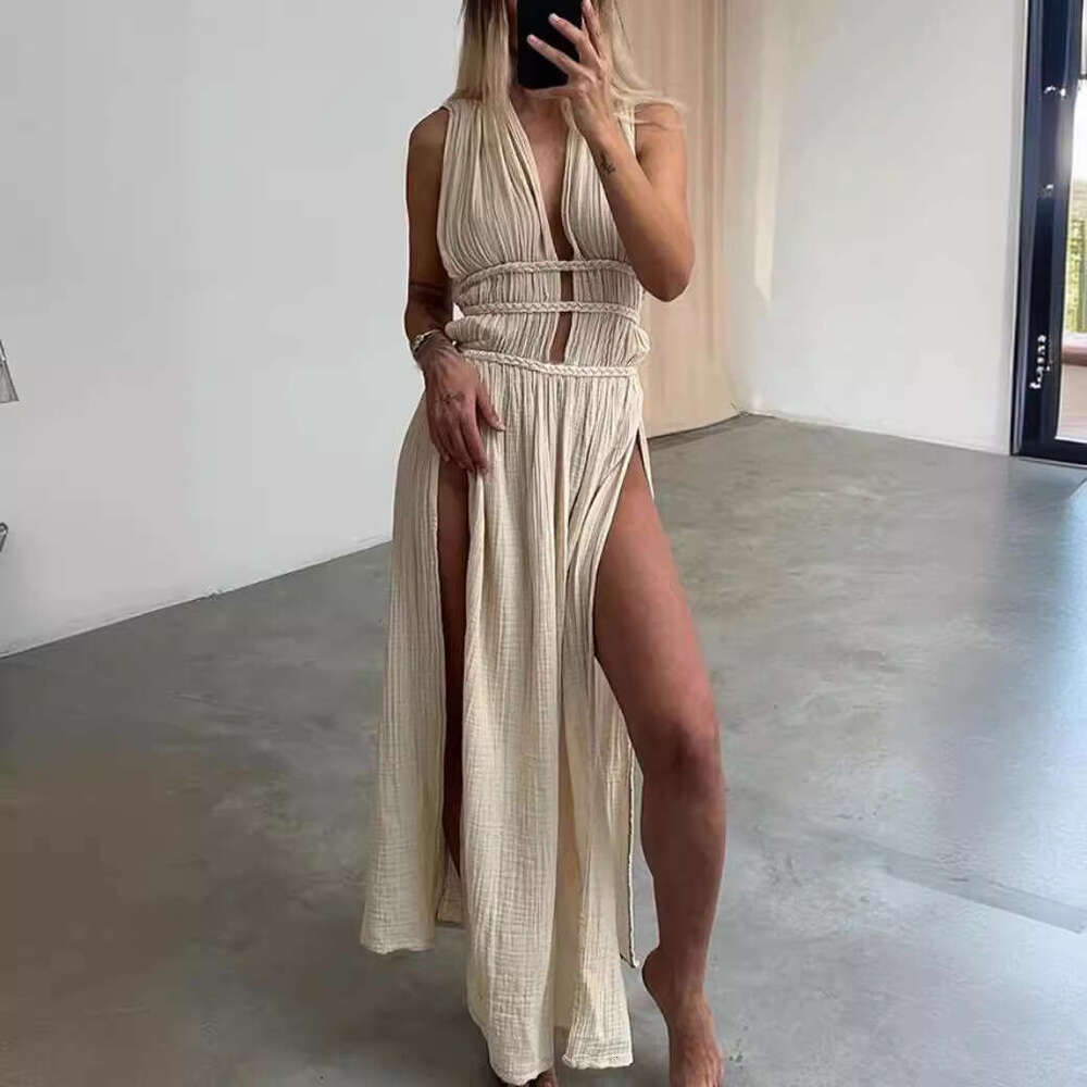 Bohemian style en blend sleeveless braided belt with hollowed out slit long skirt, 2025 new casual fashion trend clothing