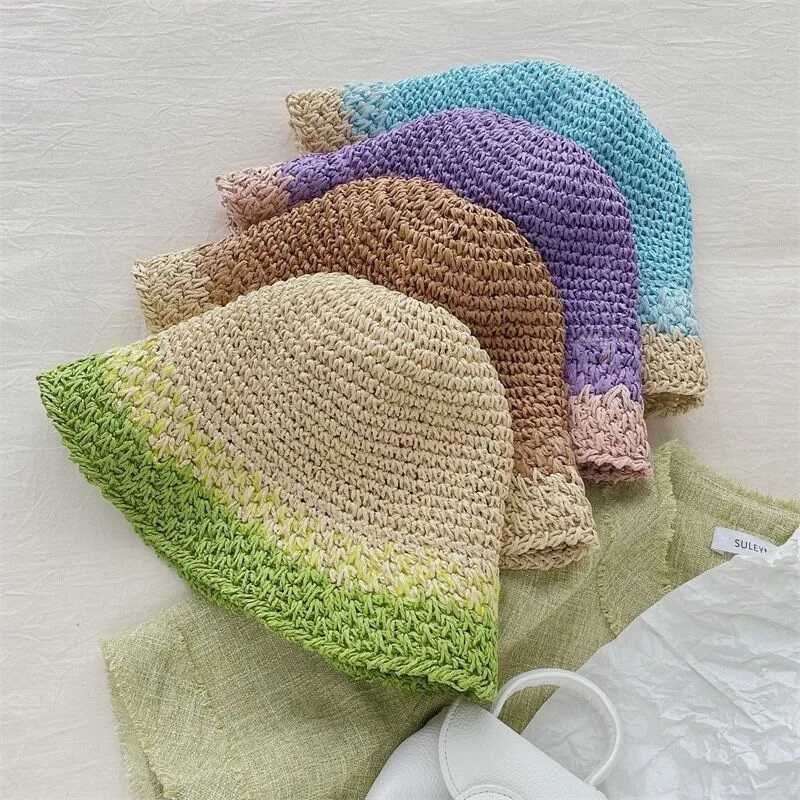Women Spring Summer Breathable Sun Handmade Crochet Contrast Stripe Fresh Colors Per Bucket Str HatXJ250304