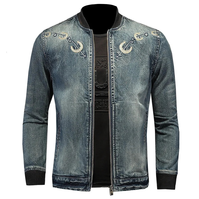 2024 High Quality Fashion Allinone Denim Jacket Handsome Trend Casual Horseshoe Embroidery Vintage Boutique 250304