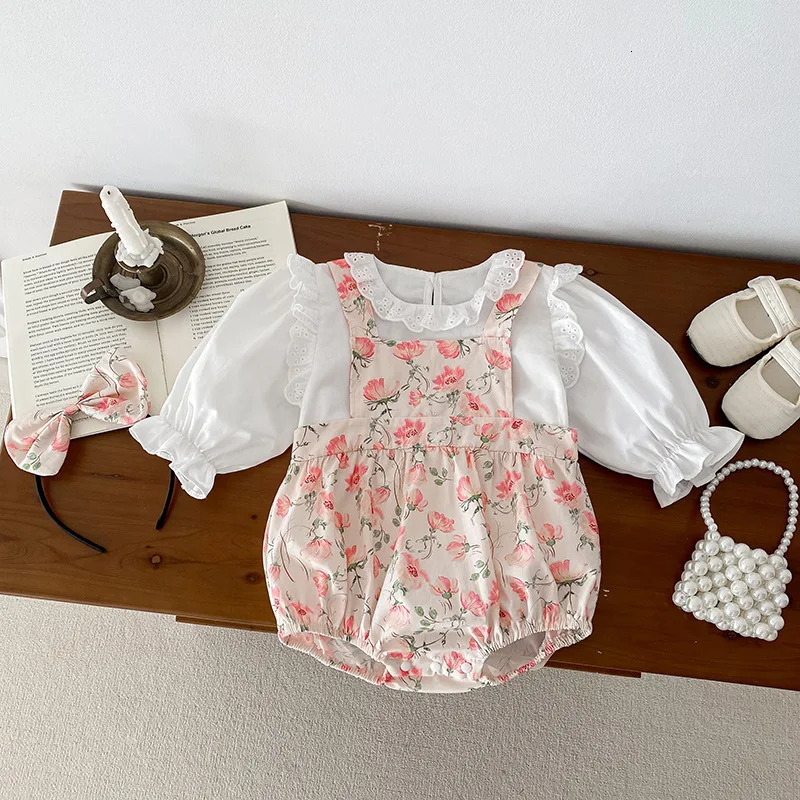 Spring and Autumn Baby Girls 2PCS Clothing Set Ruffled Cotton Shirt Flower Printed Shoulder Strap jumpsuit for Preschool Girls 250304