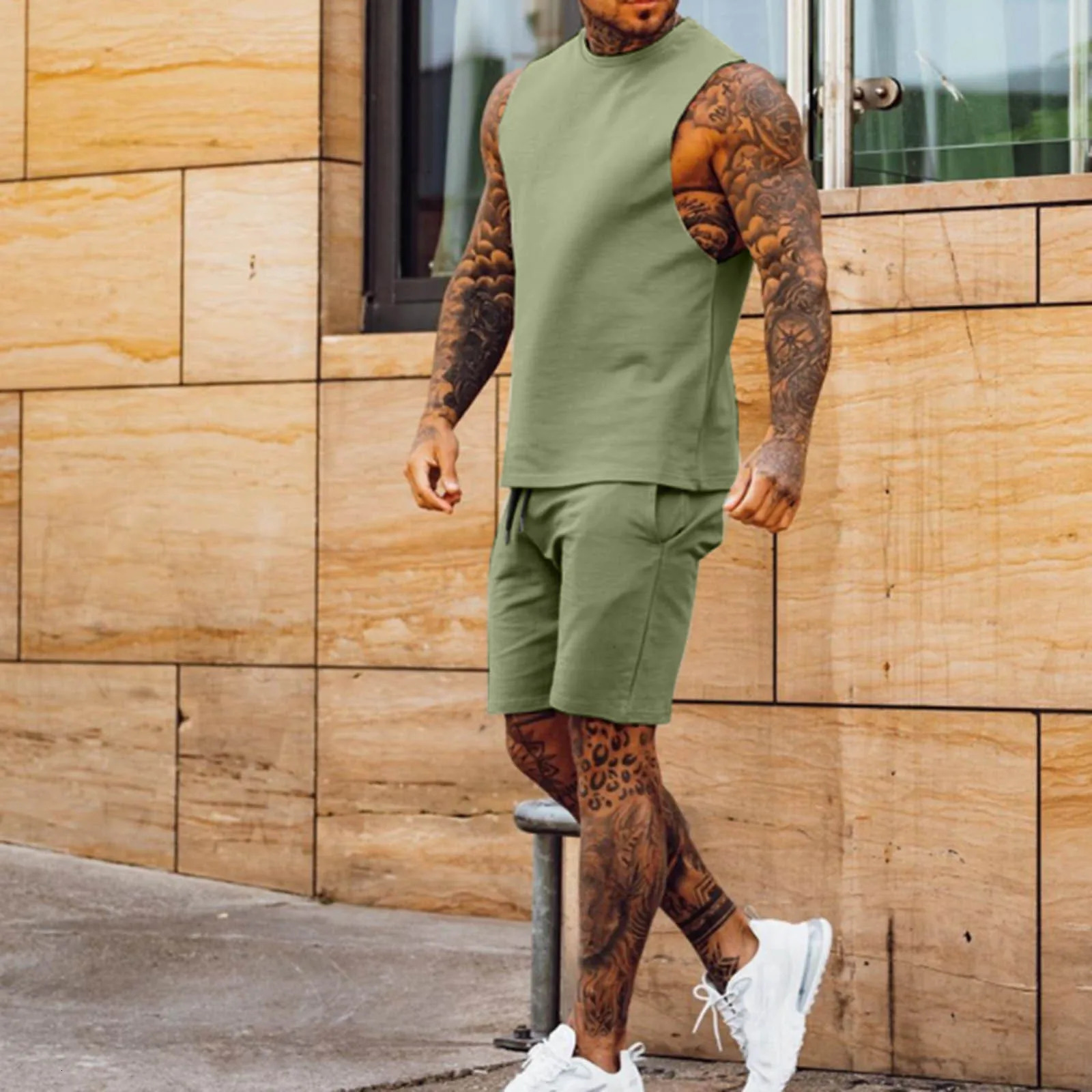 Sportswear Mens Casual Thin Five Quarter Pants Sleeveless Top Solid Color Shorts Two-piece Set 250303