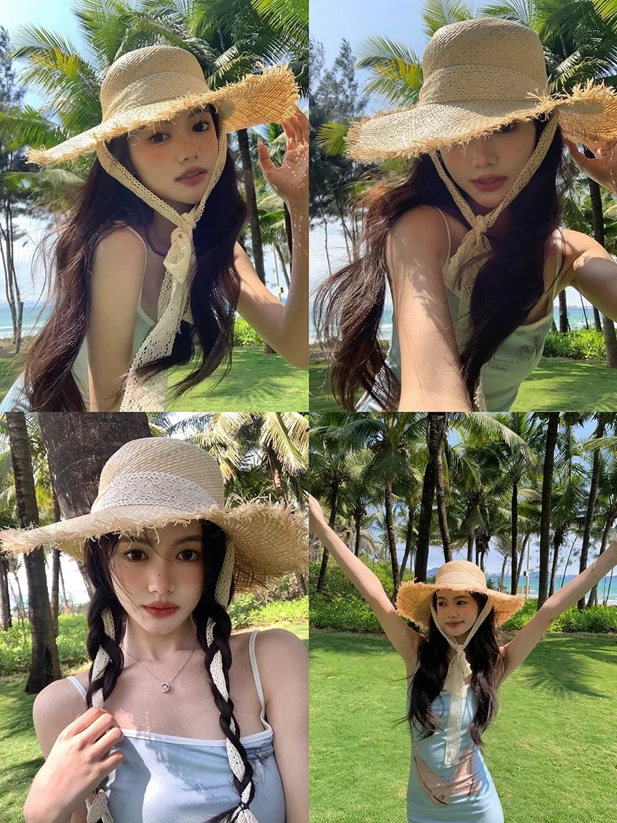 Natural Raffia Hat Women Summer Hand Woven Straw Hat Gilrs Holiday Sun Hat Wide Brim Sun Hat Floppy Panama Travel Beach Hat 250227