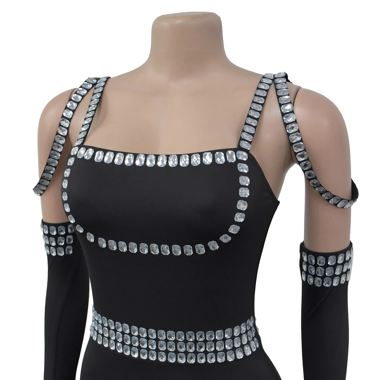 CM.YAYA Women Diamonds Rhinestones Sexy Strap Long Sleeve Jumpsuits Streetwear Club One Piece Overall Rompers with Gloves 250303
