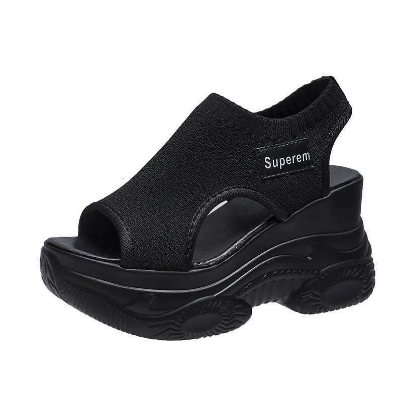 New 2025 Summer Knitted Shoes Fairy Fish-mouth Wind Cake High Flying Weave Slope Heel Thick Sole Sports Women's Sandal