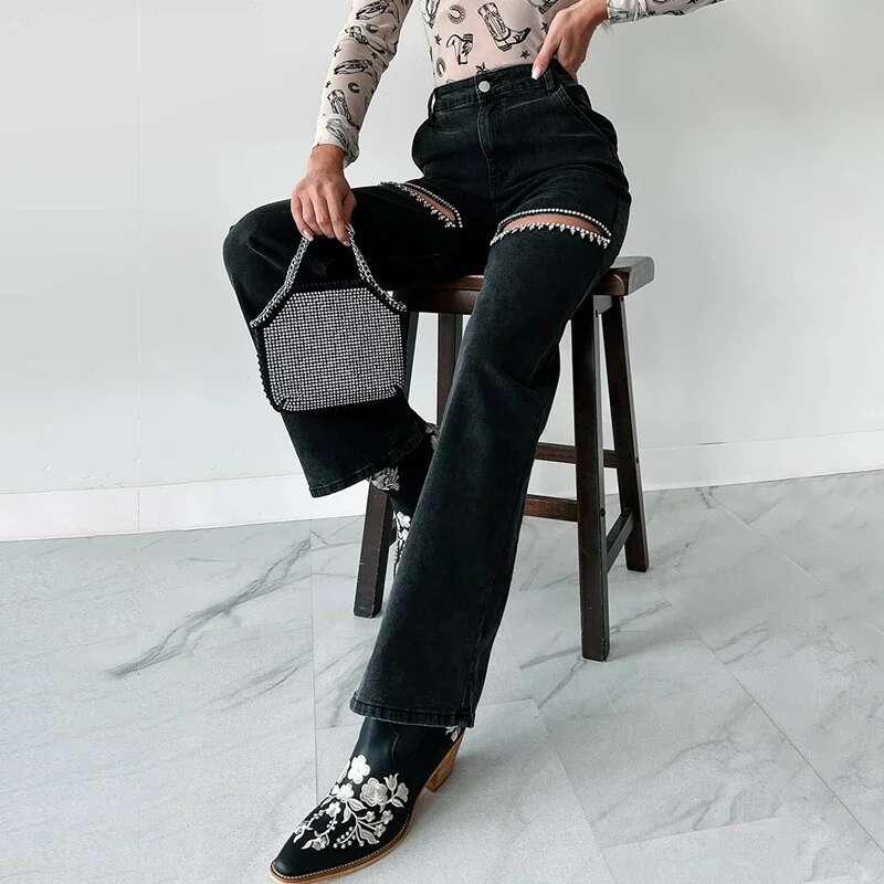 Women's Dia Patchwork Slim Long Pants, Sexy Hollow Zipper Jeans, Casual High Waist Button Denim Trousers, Summer Fashion, 20
