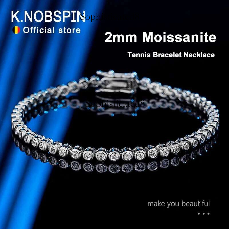KNOBSPIN 2mm Moissanite Tennis for Woman Men Hip Hop Chain with GRA 100% Sterg Sliver White Gold Plated Bracelet