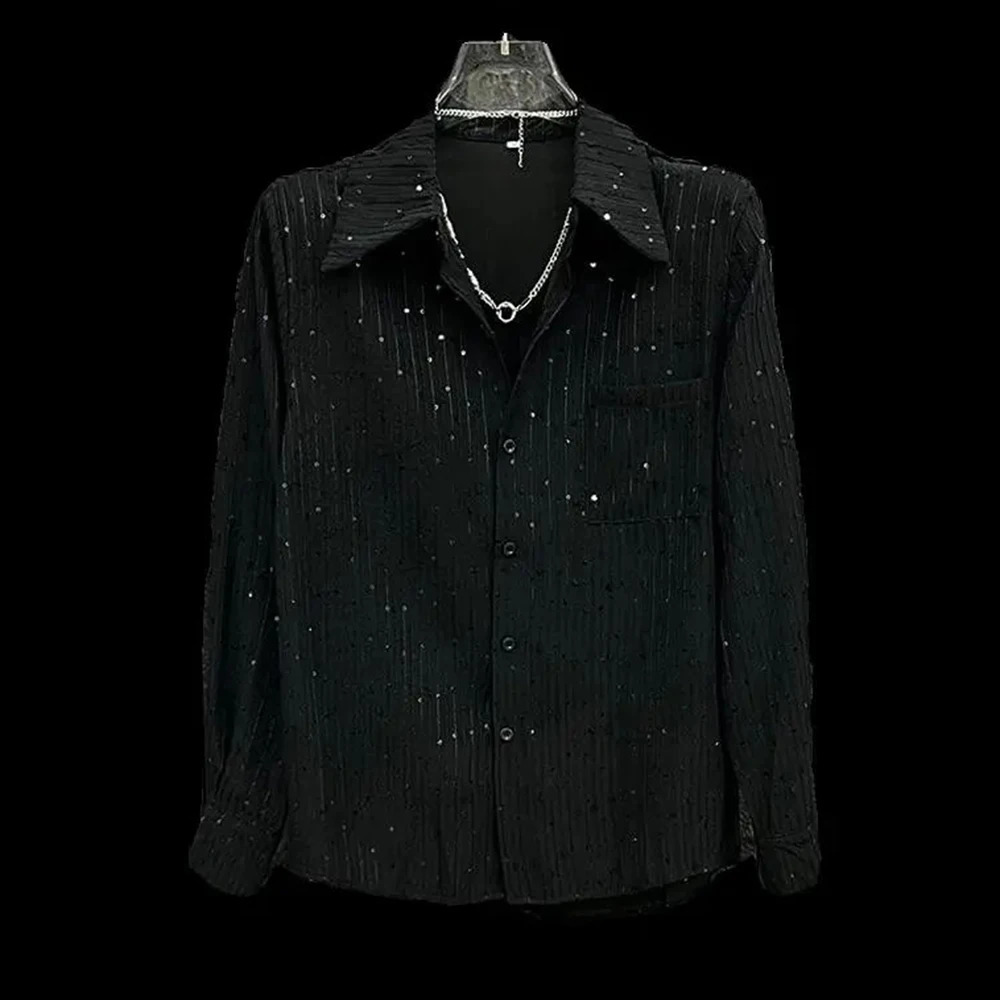 Summer Niche Glitter Loose Shirt Mens US Street Trend High End Shoulder Pads Y2k Long Sleeve Shirt 250227