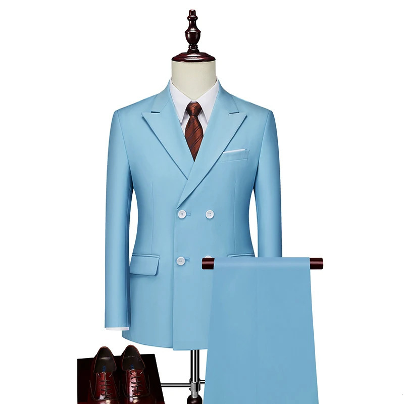 Mens Suits 2 Pieces Fashion Solid Double Breasted Men Wedding Prom Dress Male Blazer Coat Pants Slim Fit Tuxedo 6XLM 250224