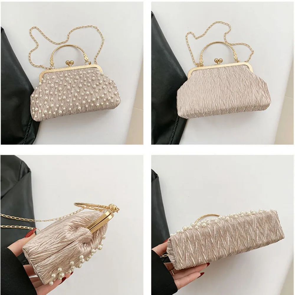 Artificial Pearl Diamond Inlaid Shoulder Bag Metal Chain Messenger Lady Banquet Shell Fashion Evening Handbag 250303