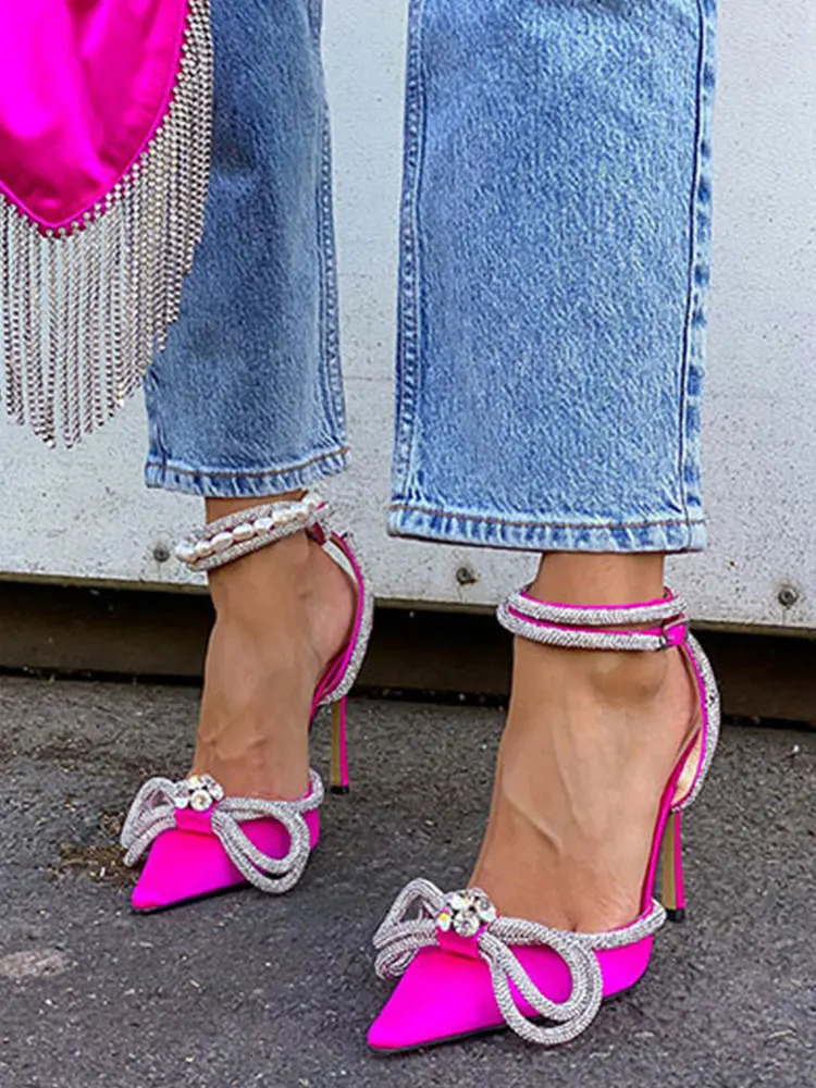 2025 High Quality Double Bow Embellished Satin Pumps Shoes Women Comfy Walk Black White Ankle-Strap Kitten Heeled 250228