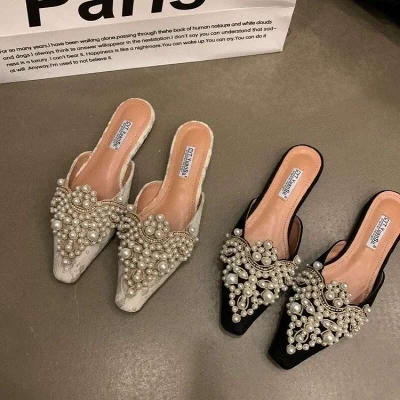 Women Bead Flats Slippers Summer Mules Shoes Sandals 2025 Trend Sgback Slides Walking Flip ps atillas De Mujer