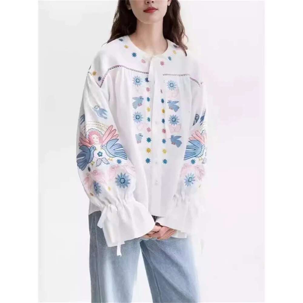Women 100% En Casual Blouse Early Autumn Single Breasted Lace-Up O-Neck Lantern Sleeve Ladies Embroidery White Shirt Top