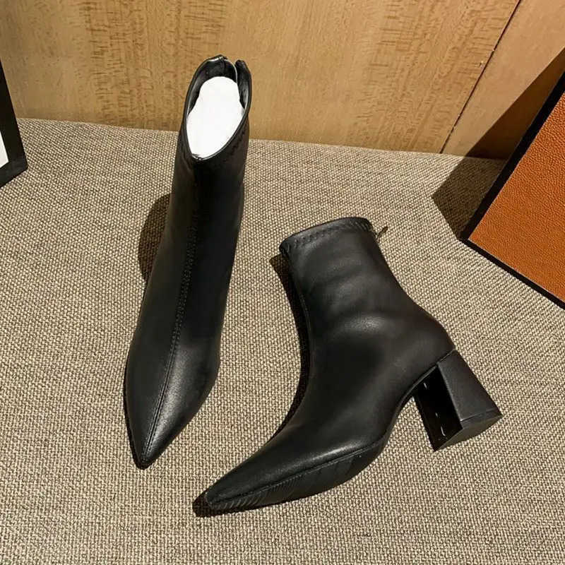 2025 New Winter Wen Ankle Boots Sexy Pointed Toe Square Heel Short Booties Shoes Fion Elegant Back Zippers High Heel Boots Z250304