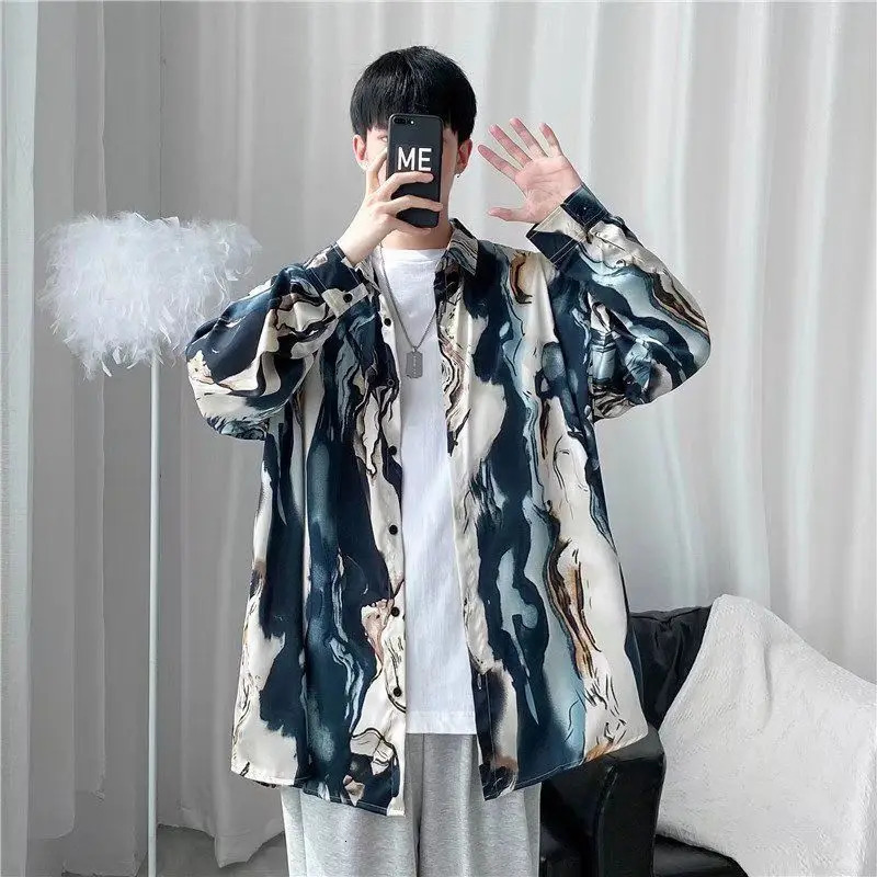 Harajuku Style Dark Retro Printed Unisex Shirt Loose and Slimming Long Sleeved Shirt for Mens Fashion 250227