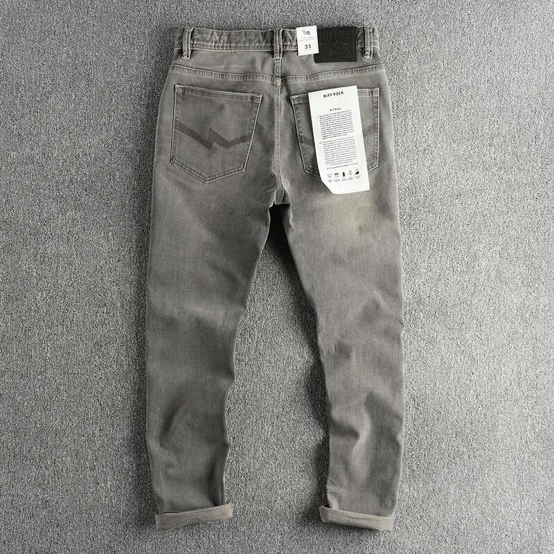 Spring Autumn New American Retro Heavyweight Smoky Grey Denim Jeans Men's Simple 100% Cotton Washed Old Straight Casual Pants