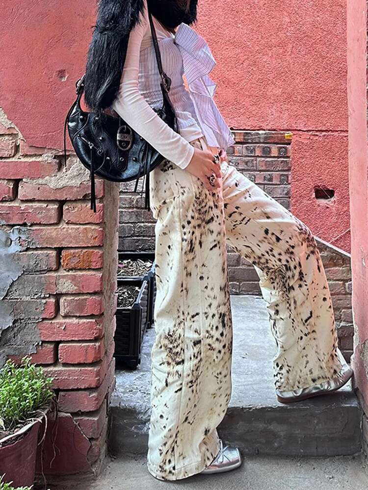 WCFCX STUDIO Vintage Leopard Print Women High Waisted Streetwear Casual Wide Leg Denim Pants Straight Baggy Jeans