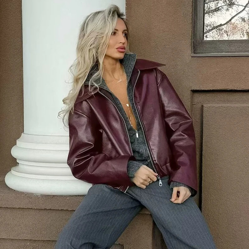TRAF Faux Leather Bomber Jackets for Women Zipper Winter Woman Ruched Demiseason Jacket Coats 250226