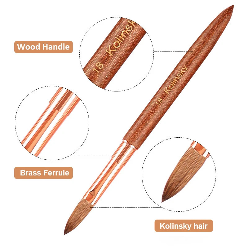 100% Kolinsky Acrylic Nail Brush with Rose Gold Sandalwood Crimped Handle for Acrylic Powder 3D Nail Salon Size 2-18 250304
