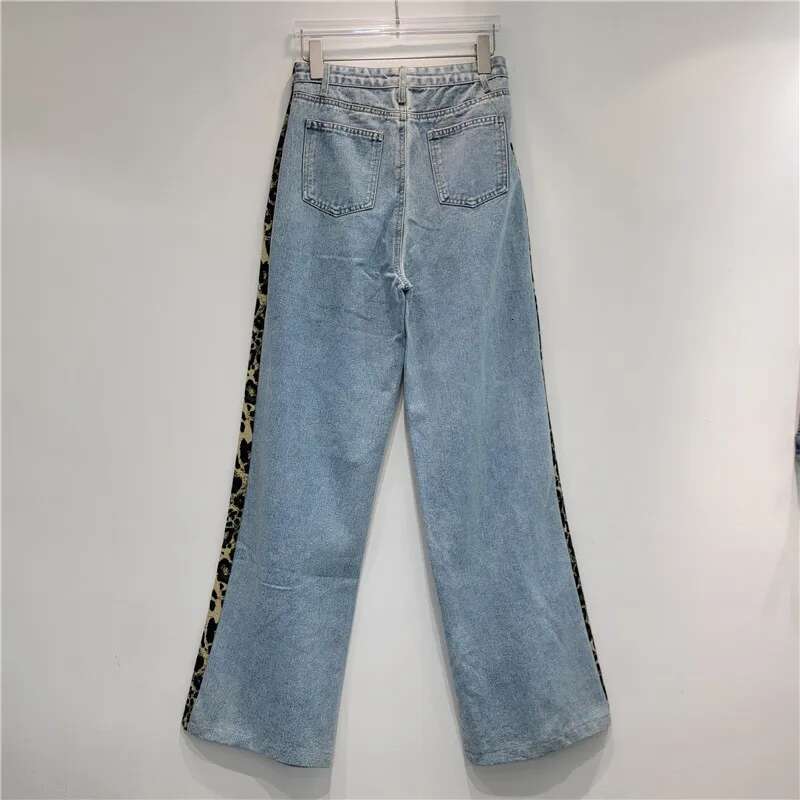 Street Hipster Ing Leopard Print For Women 2024 Autumn New Split Straight Trousers American Style High Waisted Jeans