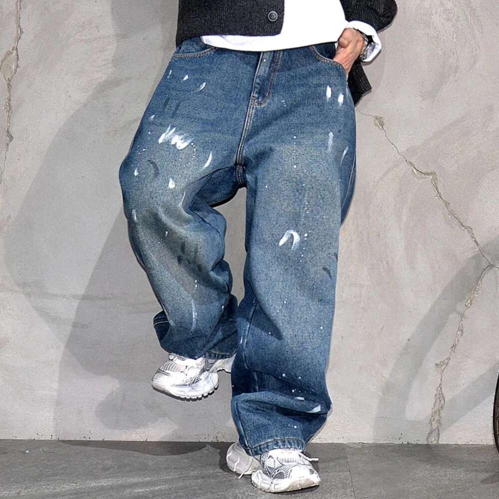 Winter Fleece Thick Baggy Jeans For Men Streetwear Spray Paint Trend Warm Denim Pants Fashion Hip Hop Skateboard Trousers Male