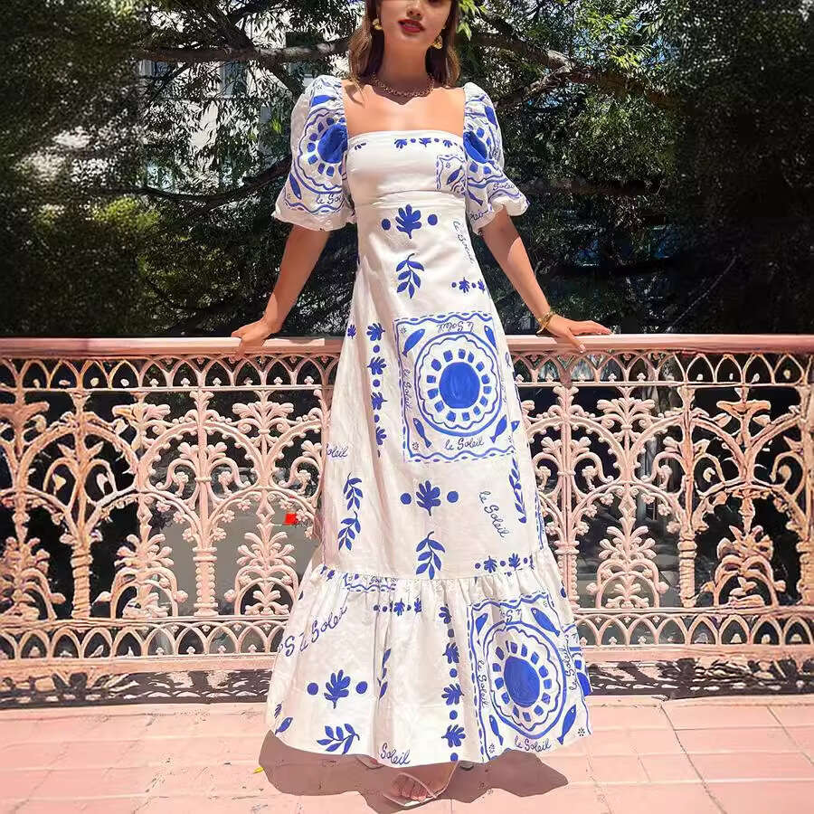 European and American One Word Neck Printed Lantern Sleeve Slim fit Large Swing Cotton Hemp Dress 2025 New Leisure Fashion Trendy Clothing