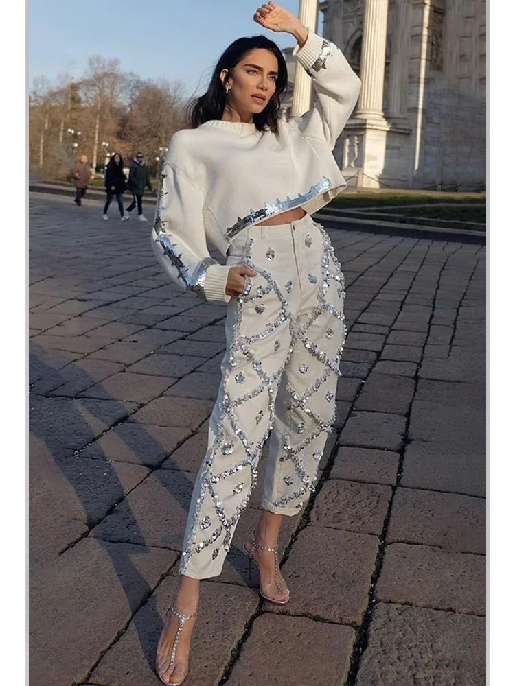 Sequin Decor Straight Leg Denim Jeans for Women High Wait Elegant Casual Pockets Vintage Diamond Denim Pencil Pants Trousers 250228