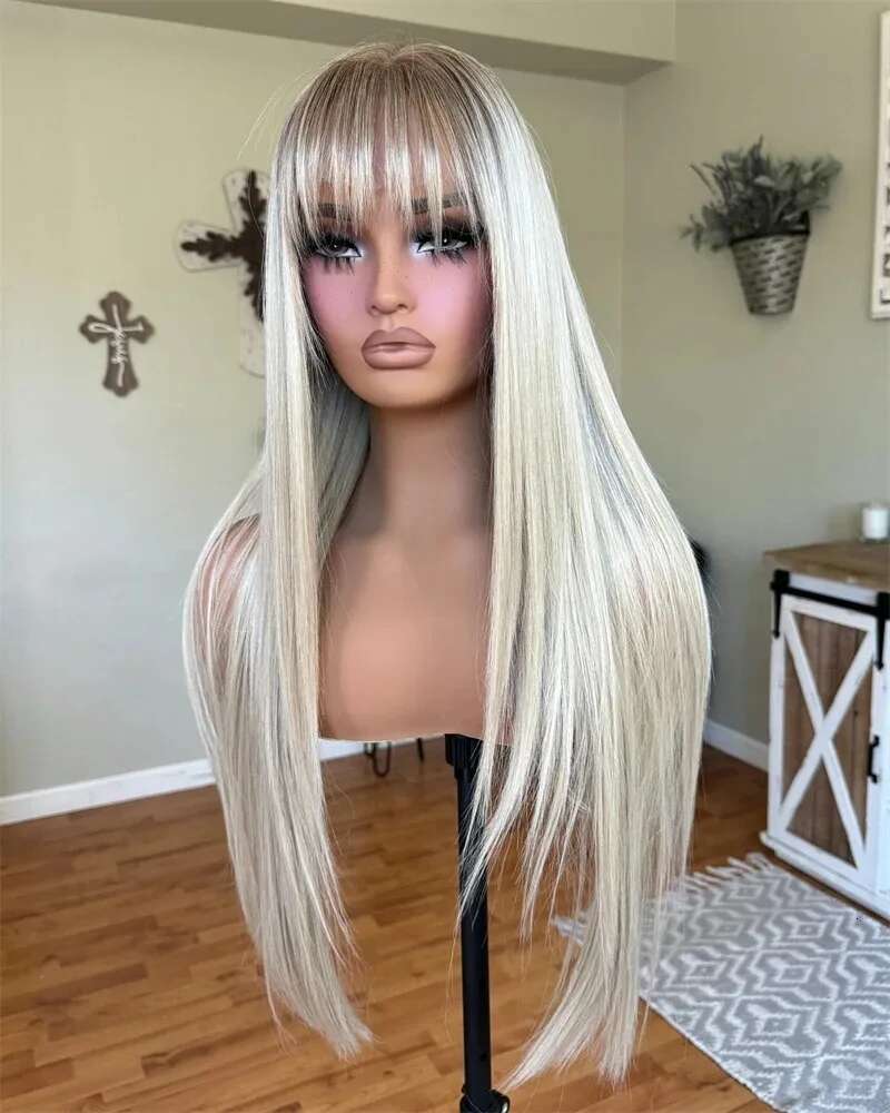 Long Straight Frontal Wigs Ash Blonde Rooted Womens With Bangs Soft Synthetic Hair Swiss Lace Wig Glueless Easy To Wear