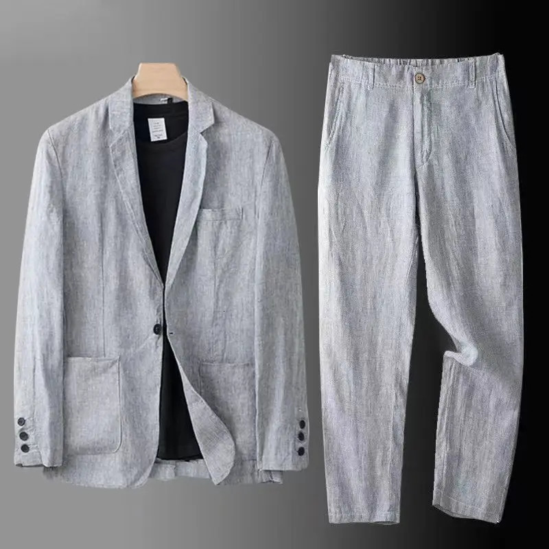 Spring Autumn Fashion Men Linen Two-piece Set Blazer Jacket Pants Solid Slim Fit Casual Business Thin Clothing Breathable Suit 250303