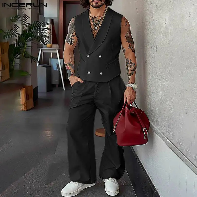 INCERUN American Style Fashion Sets Mens Solid Double Breasted Vests Pants Casual Streetwear Two-piece Sets S-5XL 250303