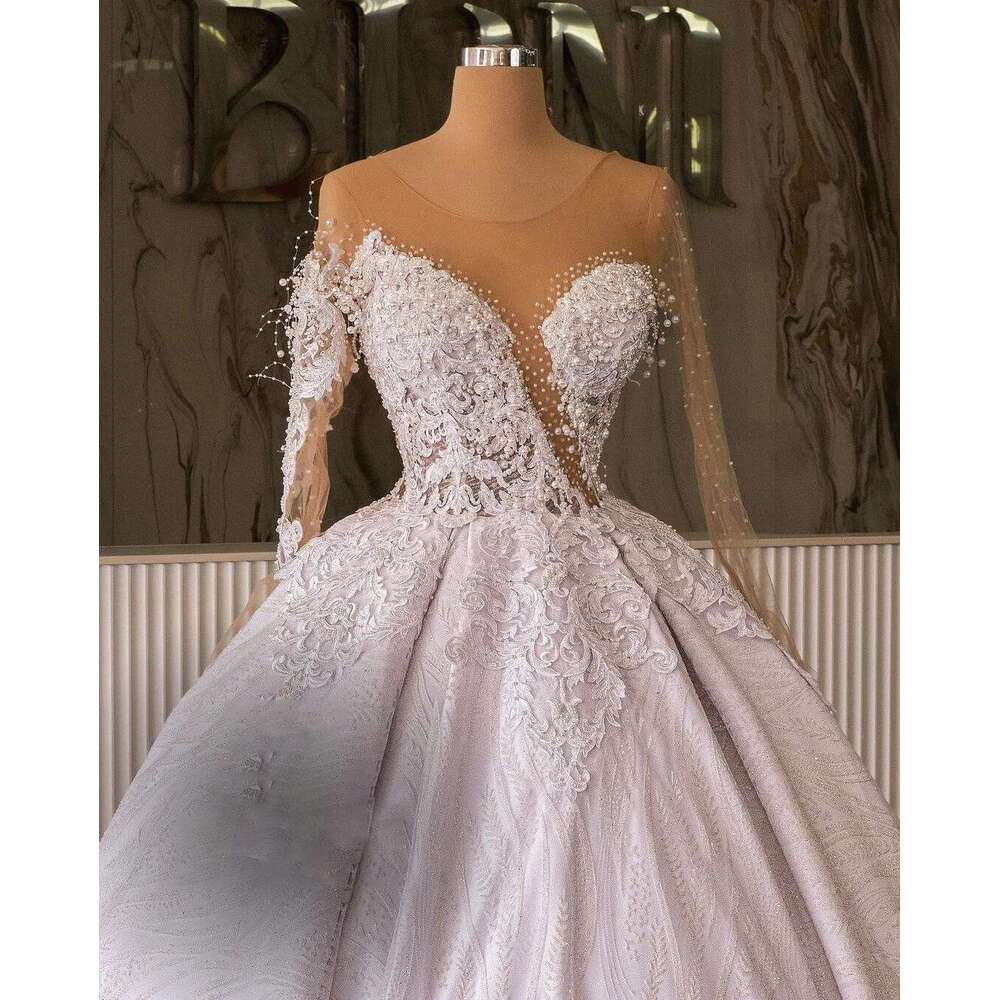 Charming Ball Gown for Wedding, O-neck Illusion, Appliques, Lace, Pearls, Pleats, Backless Wedding Dress, Custom Made