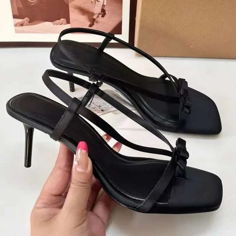 Heels Trendy High Women's Sandals 2025 Summer Open Toe Good Quality Black Bow Sexy Stilettos Leisure Ladies Shoes