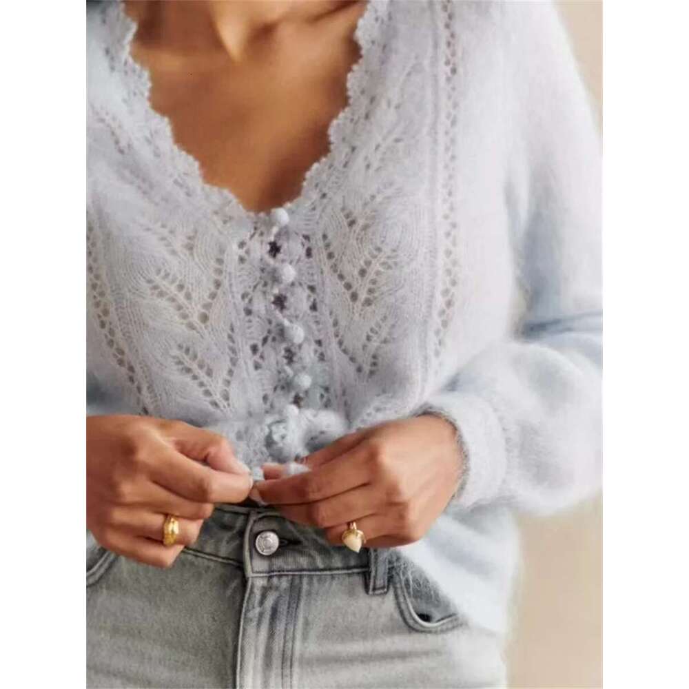 2 Colors Knit Cardigan Women Crochet Hollow Out Wear Both Front And Back V-Neck Mohair Wool Blends Fall 2025 Female Sweater