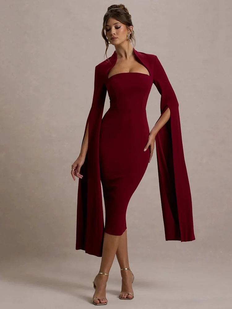 Mozision Cape Long Sleeve Sexy Midi Dress For Women Autumn Winter Square Collar Back Slit Bodycon Club Party Long Dress 250303