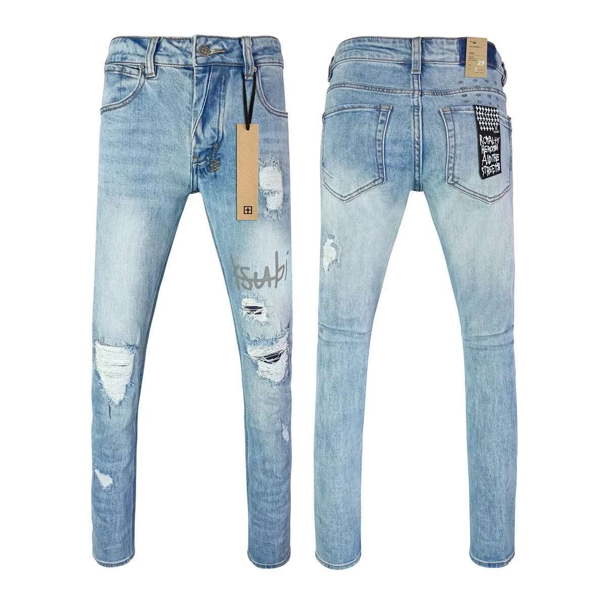KSUBI Cross Men Fashion Trend Wash Light Blue Letter Print Low Rise Elastic Skinny Pants Daily Casual Ripped Frayed Jeans