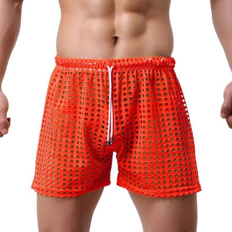 Mens Sexy Big Mesh Hollow Out Boxer Shorts Mens Leisure Household Transparent Nets Board Shorts M250304