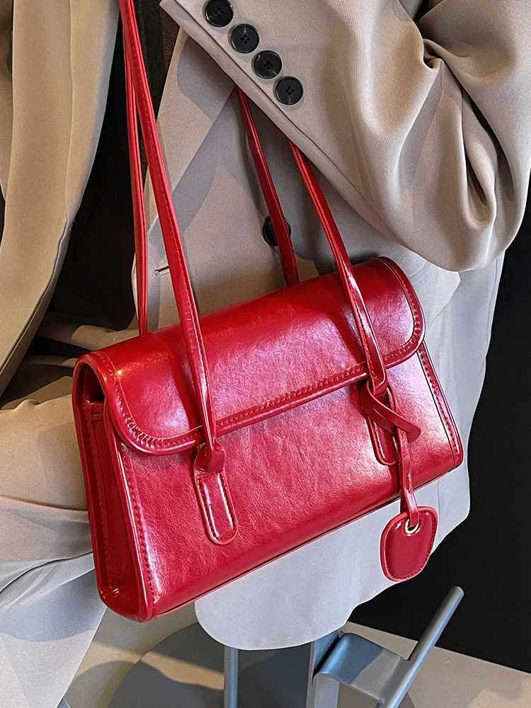 Fashion Red Shoulder Bags For Women Trendy Textured Solid Color Handbag Autumn Winter Versatile Female Underarm Pack Z250303