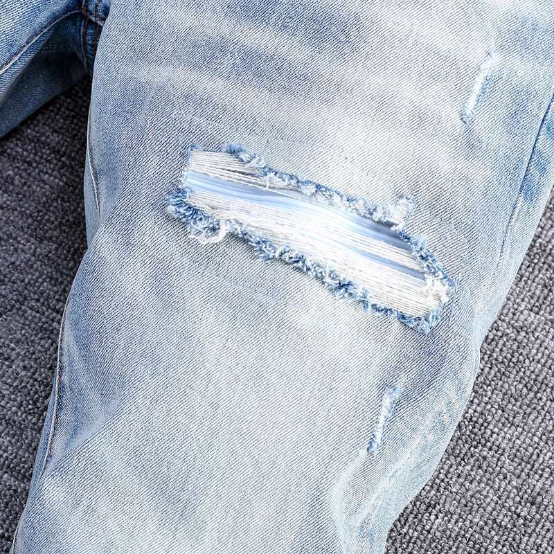 Fashion New Men's Stretch Slim Fit Washed Retro Light Blue Ripped White Patch Jeans Designer High Street Fashion Hip-Hop B
