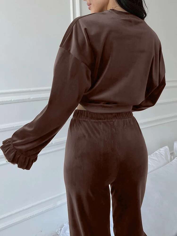 Hiloc Veet Pamas For Women 2 Piece Sets Ruffle Long Sleeve O Neck Sleepwear Female Knitted Trouser Suits 2024 Autumn Casual