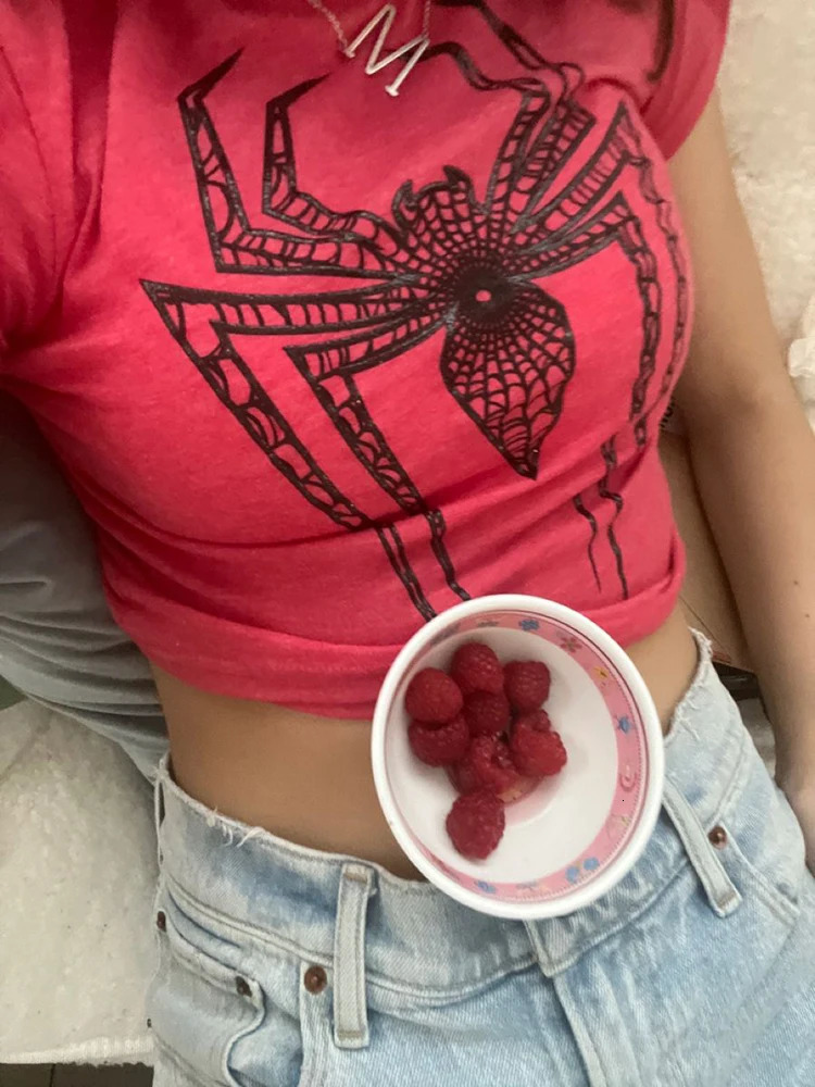 Spider Print Graphic Women Tee Streetwear Vintage Letter Crop Summer Casual Trash Basic Goth Slim Short Sleeve T-Shirt emo 250303