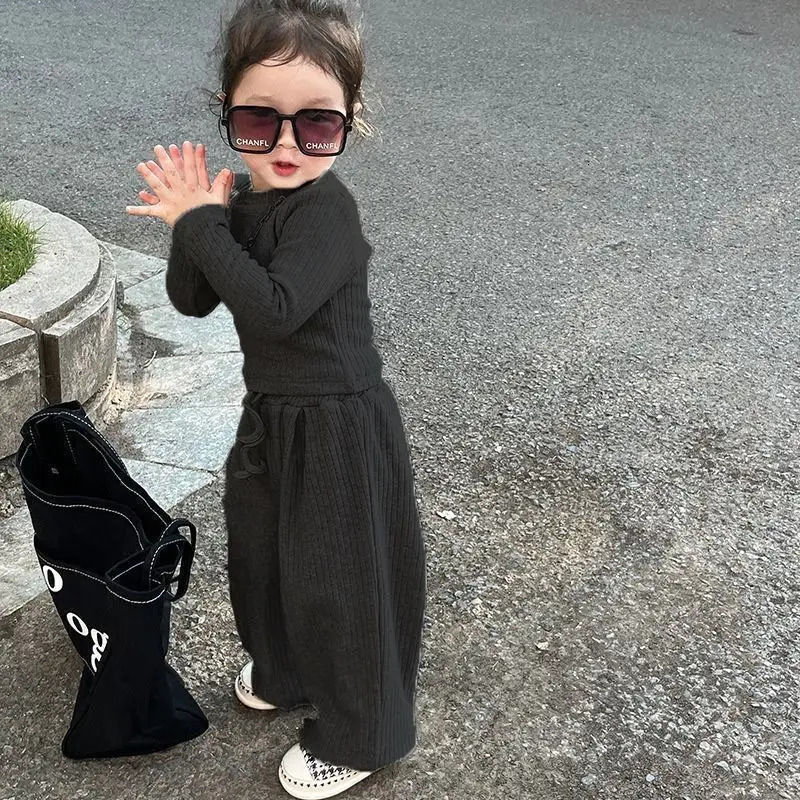Baby Fashion Set Children Round Neck Long-Sleeved Top Solid Color Pant Suit Spring Autumn Thin Girls Casual Sports 2Pcs 2-8Y 250304