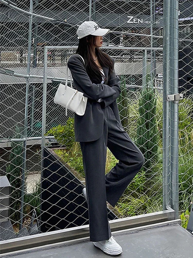 Fashion England Style Blazer Set Women Business Twopiece Suit Ladies Korean High Waist Wideleg Pants and Jacket 250225
