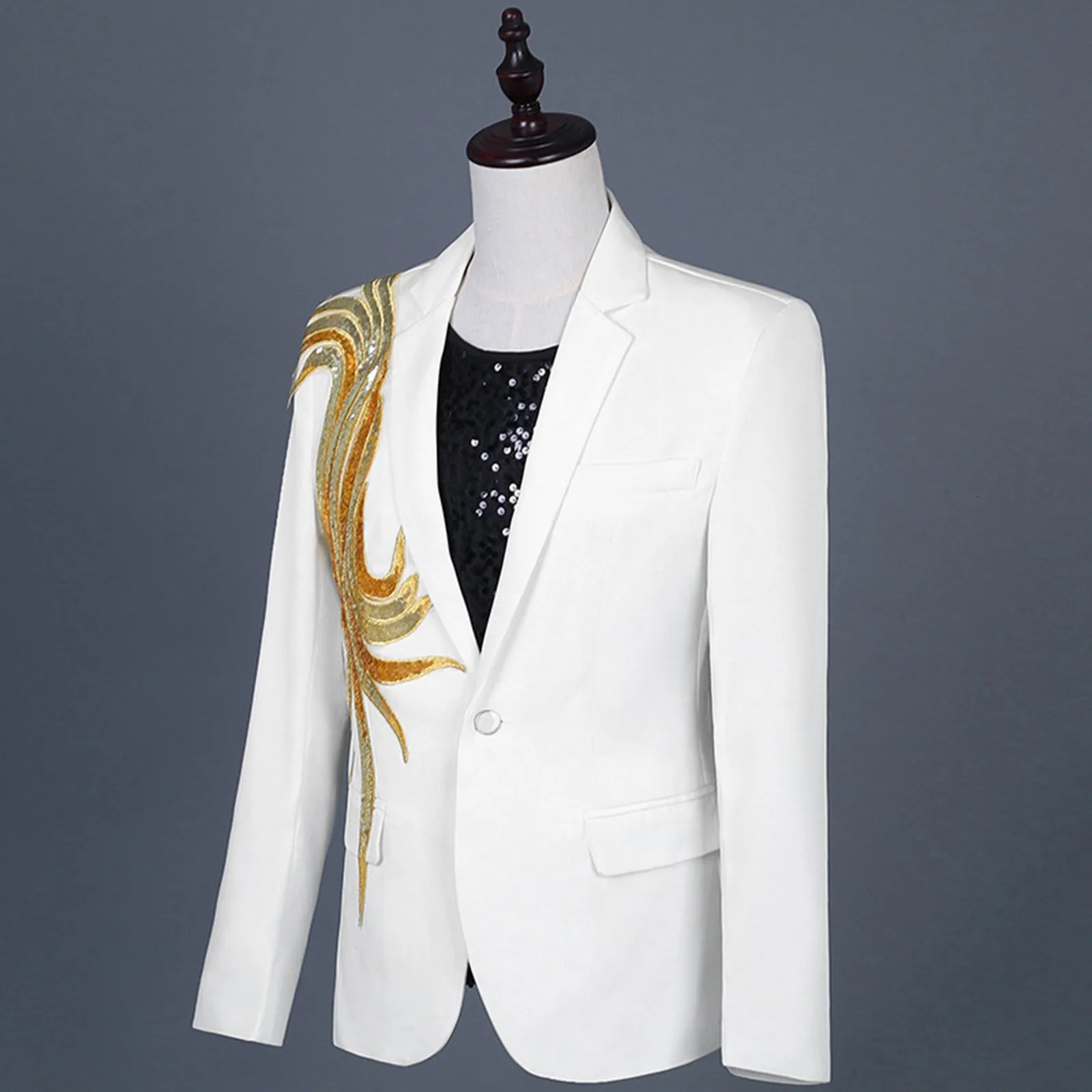 Mens Fashion Retro Gold Embroidery Sequin Suit Jacket Carnival Stage Performance Costume Banquet White Casual 250304