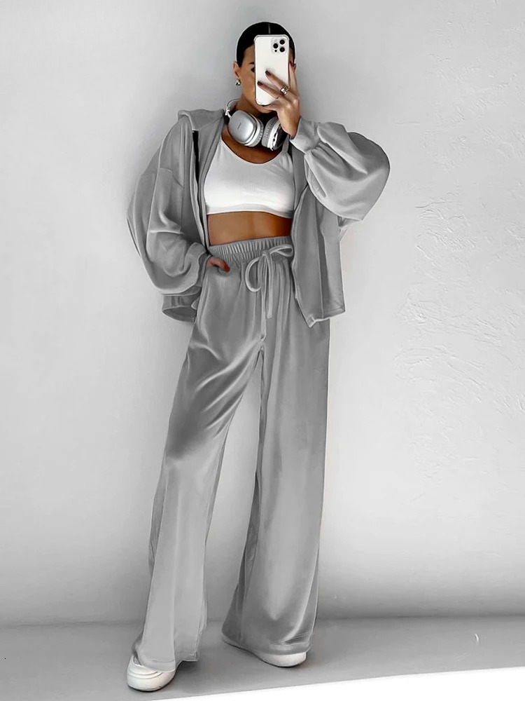 Knitwear Sweatsuits Women Street Style Zipper Hooded Sweater Wide Legs Pants Two Pieces Sporty Outfits