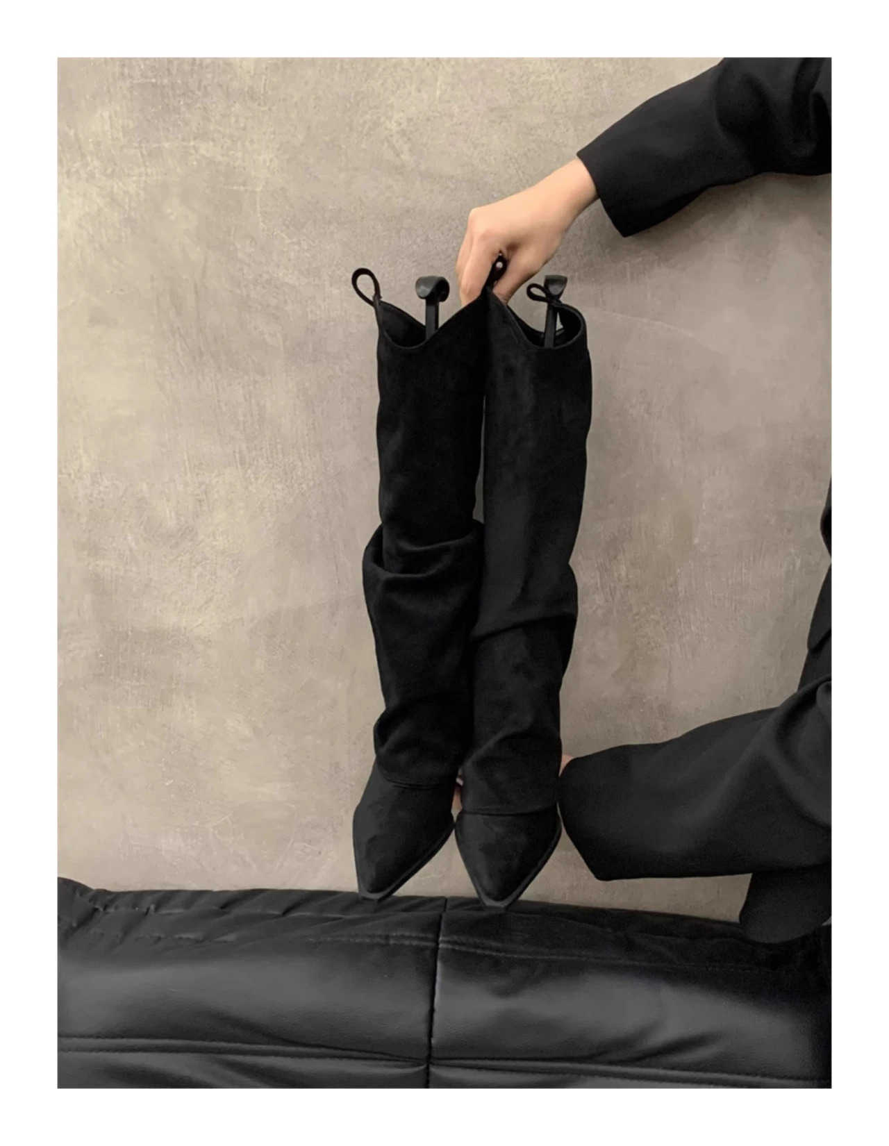 Pleated Boots Wen Faux Suede Flock Knee High Boots 2024 Winter Wen Fion Slip on Square Low Heel Knight Booties Mujer Z250304