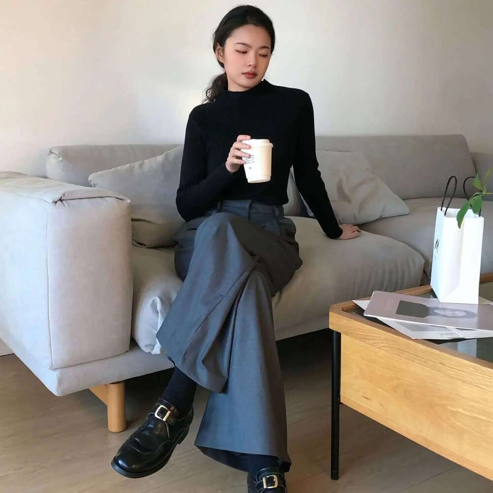 2025 Spring New Gray Suit Casual Or Lenght Straight-Leg Pants Wide-Leg Women Trousers